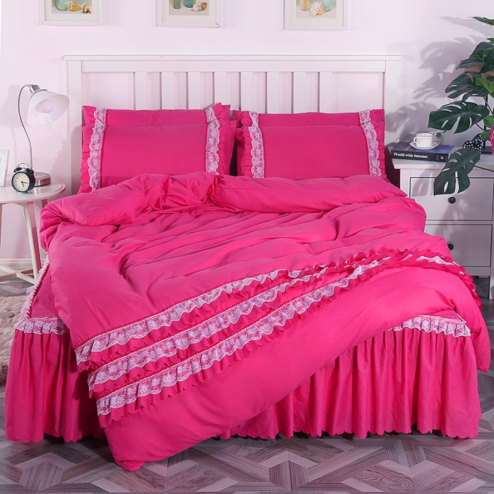 91家纺网 家纺一手货源 找家纺 梦柏家纺 2021新款水洗棉蕾丝四件套 玫红