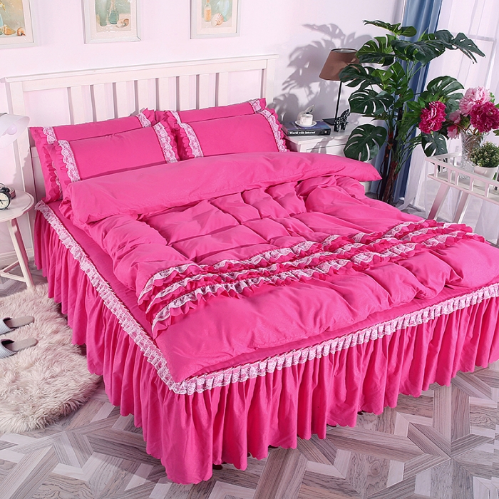 91家纺网 家纺一手货源 找家纺 梦柏家纺 2021新款水洗棉蕾丝四件套 玫红