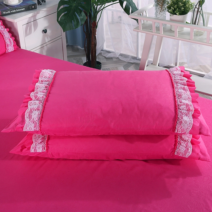 91家纺网 家纺一手货源 找家纺 梦柏家纺 2021新款水洗棉蕾丝四件套 玫红