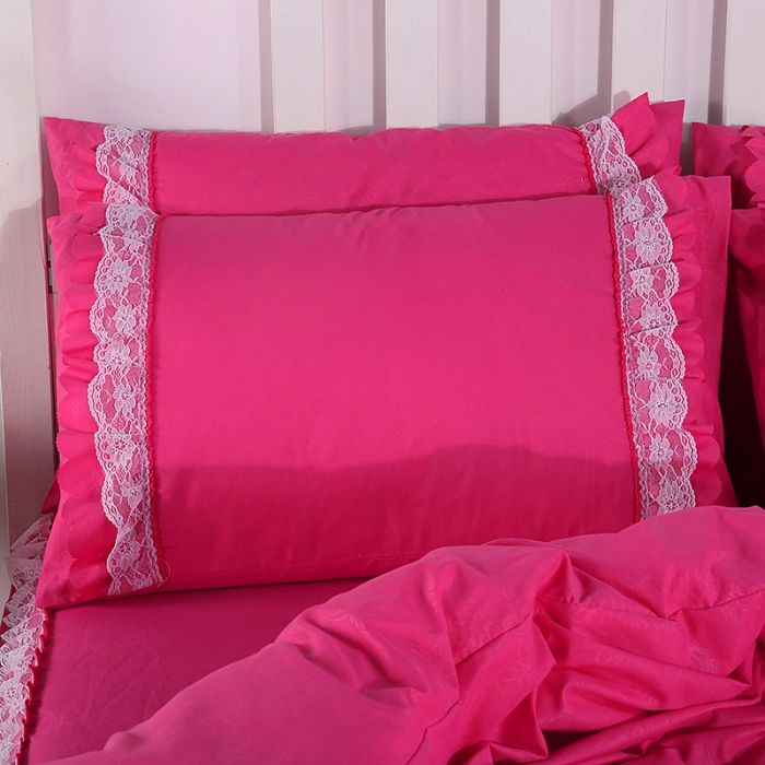 91家纺网 家纺一手货源 找家纺 梦柏家纺 2021新款水洗棉蕾丝四件套 玫红