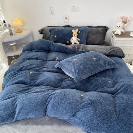 91家纺网 家纺一手货源 找家纺 慕尚家纺 2022新款泰迪绒刺绣款牛奶绒四件套 星月蓝