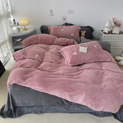 慕尚家纺 2022新款泰迪绒刺绣款牛奶绒四件套 爱心粉