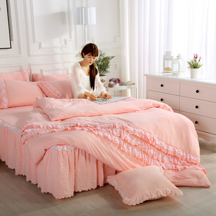 91家纺网 家纺一手货源 找家纺 梦柏家纺 2021新款水洗棉蕾丝四件套 浅玉色