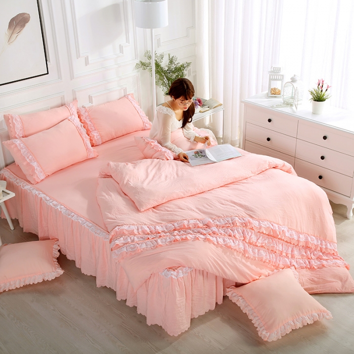 91家纺网 家纺一手货源 找家纺 梦柏家纺 2021新款水洗棉蕾丝四件套 浅玉色