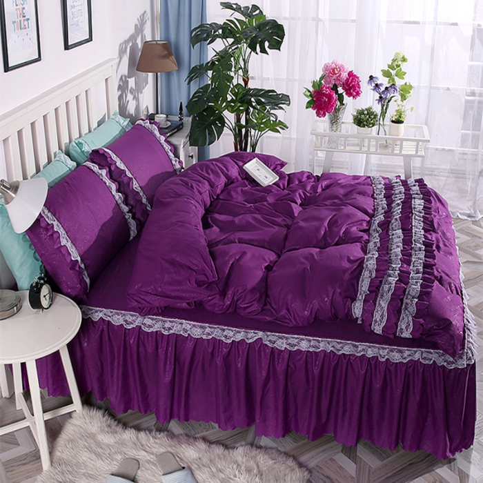 91家纺网 家纺一手货源 找家纺 梦柏家纺 2021新款水洗棉蕾丝四件套 深情紫