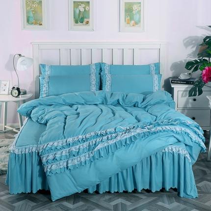 91家纺网 家纺一手货源 找家纺 梦柏家纺 2021新款水洗棉蕾丝四件套 天湖蓝