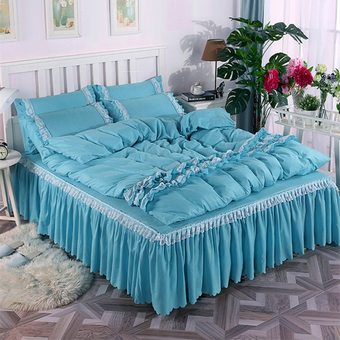 91家纺网 家纺一手货源 找家纺 梦柏家纺 2021新款水洗棉蕾丝四件套 天湖蓝