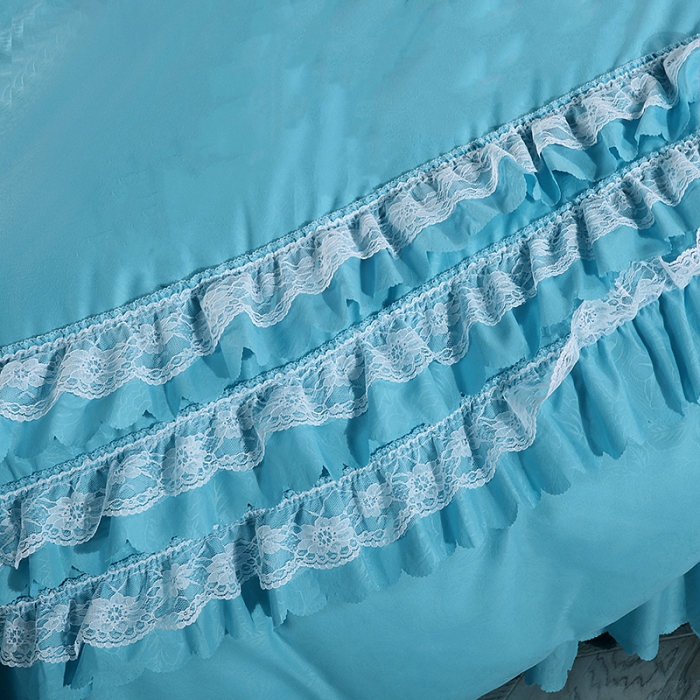 91家纺网 家纺一手货源 找家纺 梦柏家纺 2021新款水洗棉蕾丝四件套 天湖蓝