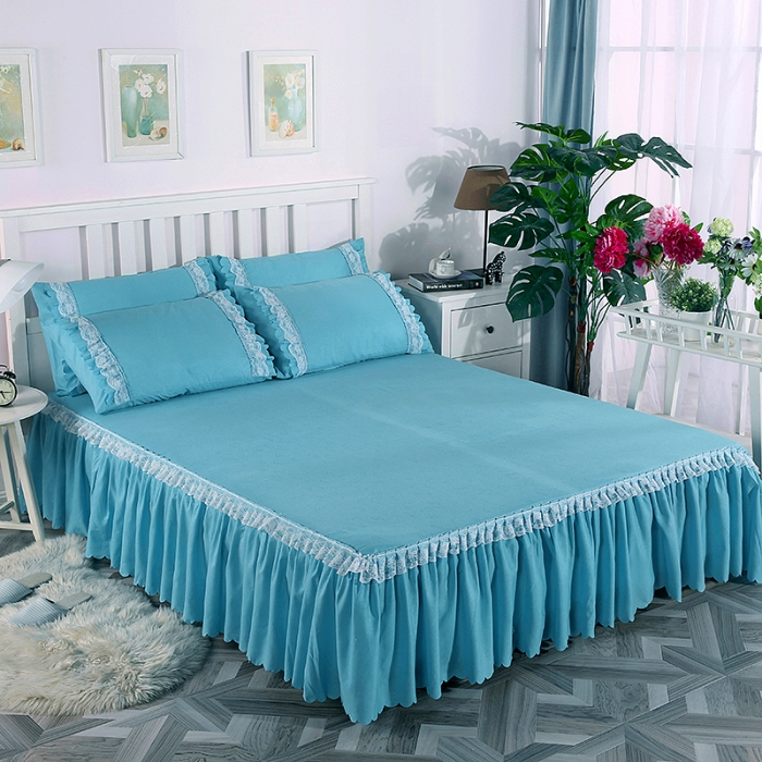 91家纺网 家纺一手货源 找家纺 梦柏家纺 2021新款水洗棉蕾丝四件套 天湖蓝