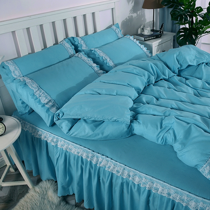 91家纺网 家纺一手货源 找家纺 梦柏家纺 2021新款水洗棉蕾丝四件套 天湖蓝