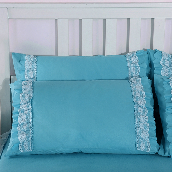 91家纺网 家纺一手货源 找家纺 梦柏家纺 2021新款水洗棉蕾丝四件套 天湖蓝