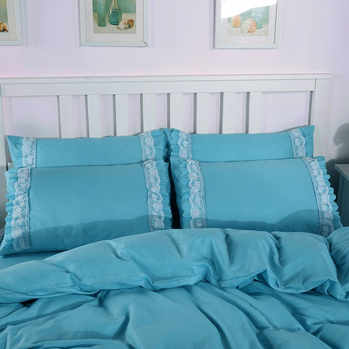 91家纺网 家纺一手货源 找家纺 梦柏家纺 2021新款水洗棉蕾丝四件套 天湖蓝