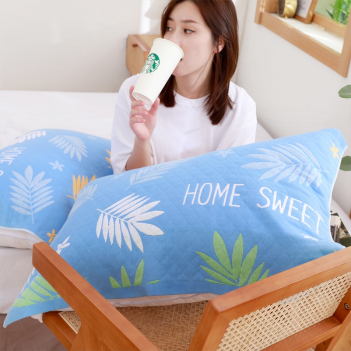 91家纺网 家纺一手货源 找家纺 朴尔家纺 2021新款柔棉花间风系列三层纱布枕巾 橄榄枝天蓝