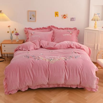 91家纺网 家纺一手货源 找家纺 诗黛尔 2021新款秋冬锦簇花香保暖婴儿绒毛巾绣四件套樱花粉