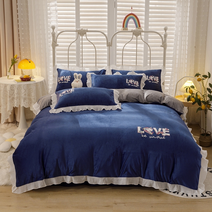 91家纺网 家纺一手货源 找家纺 纽缦 新款韩版水晶绒床单四件套法莱水晶牛奶 独角兽宝蓝灰