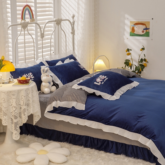 91家纺网 家纺一手货源 找家纺 纽缦 新款韩版水晶绒床单四件套法莱水晶牛奶 独角兽宝蓝灰