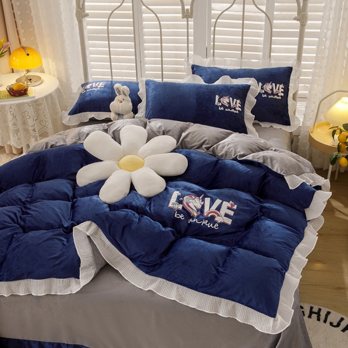 91家纺网 家纺一手货源 找家纺 纽缦 新款韩版水晶绒床单四件套法莱水晶牛奶 独角兽宝蓝灰