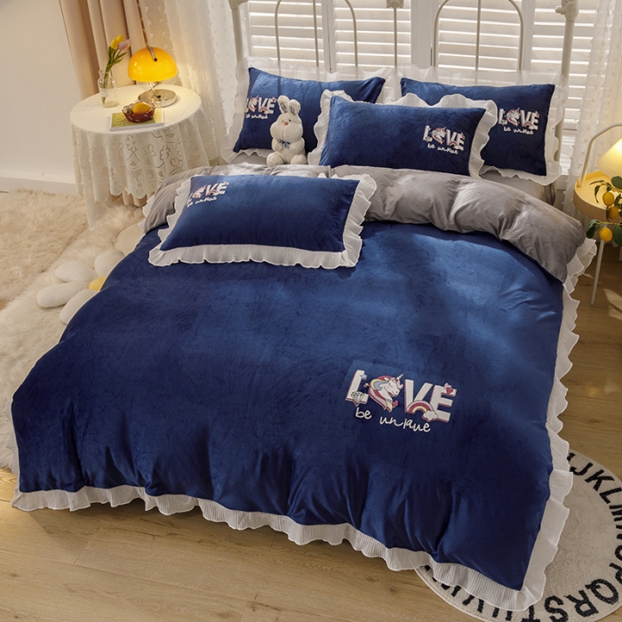 91家纺网 家纺一手货源 找家纺 纽缦 新款韩版水晶绒床单四件套法莱水晶牛奶 独角兽宝蓝灰