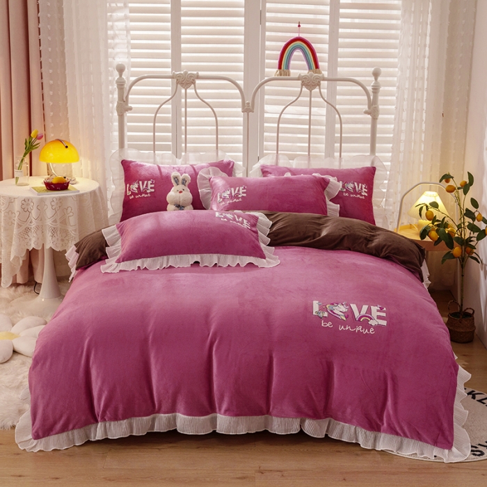 91家纺网 家纺一手货源 找家纺 纽缦 新款韩版水晶绒床单四件套法莱水晶牛奶 独角兽豆沙咖