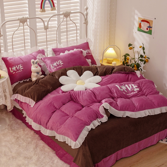 91家纺网 家纺一手货源 找家纺 纽缦 新款韩版水晶绒床单四件套法莱水晶牛奶 独角兽豆沙咖