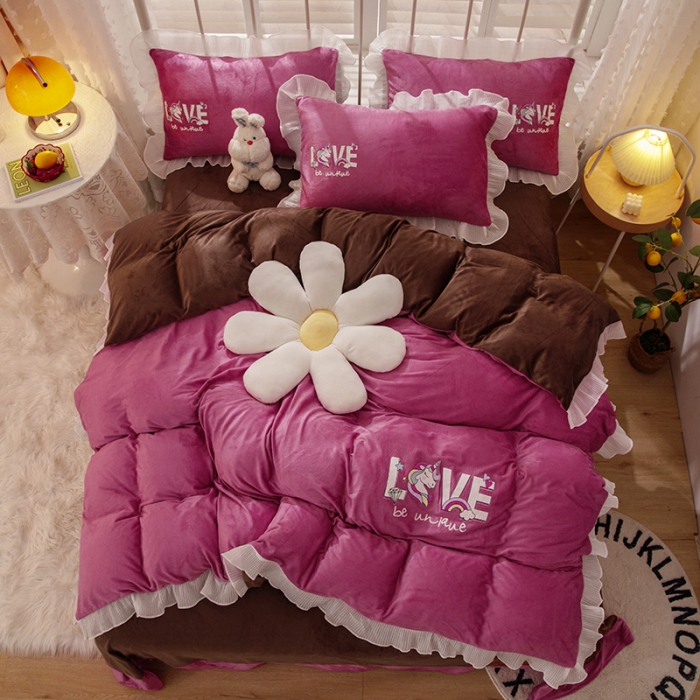 91家纺网 家纺一手货源 找家纺 纽缦 新款韩版水晶绒床单四件套法莱水晶牛奶 独角兽豆沙咖