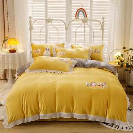 91家纺网 家纺一手货源 找家纺 纽缦 新款韩版水晶绒床单四件套法莱水晶牛奶 独角兽姜黄灰
