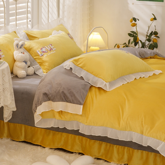 91家纺网 家纺一手货源 找家纺 纽缦 新款韩版水晶绒床单四件套法莱水晶牛奶 独角兽姜黄灰