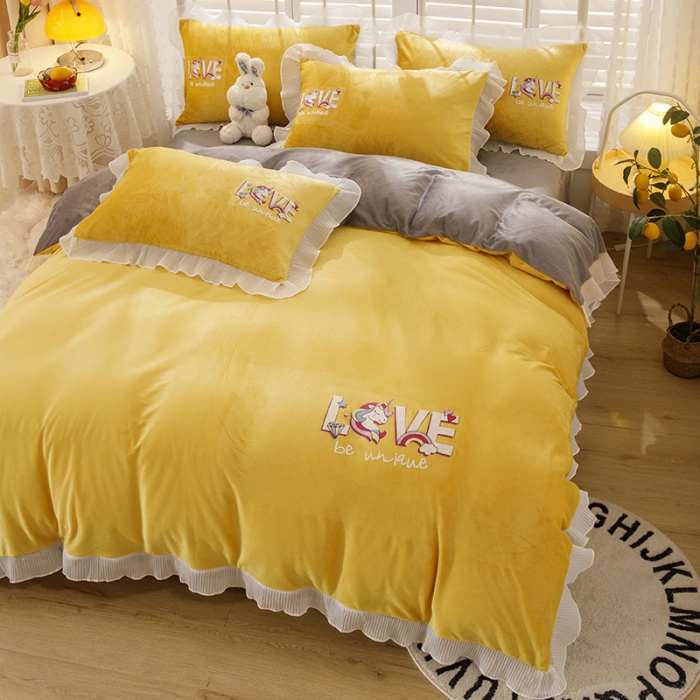 91家纺网 家纺一手货源 找家纺 纽缦 新款韩版水晶绒床单四件套法莱水晶牛奶 独角兽姜黄灰