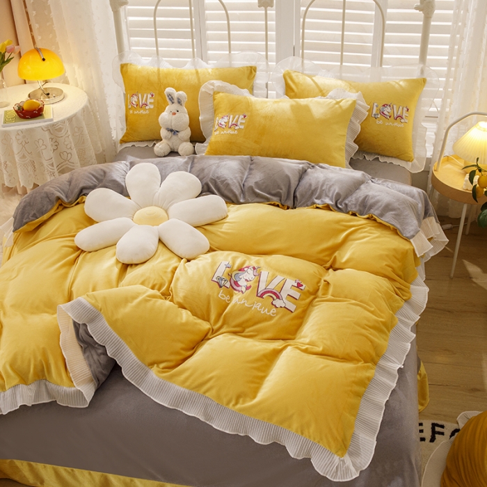 91家纺网 家纺一手货源 找家纺 纽缦 新款韩版水晶绒床单四件套法莱水晶牛奶 独角兽姜黄灰