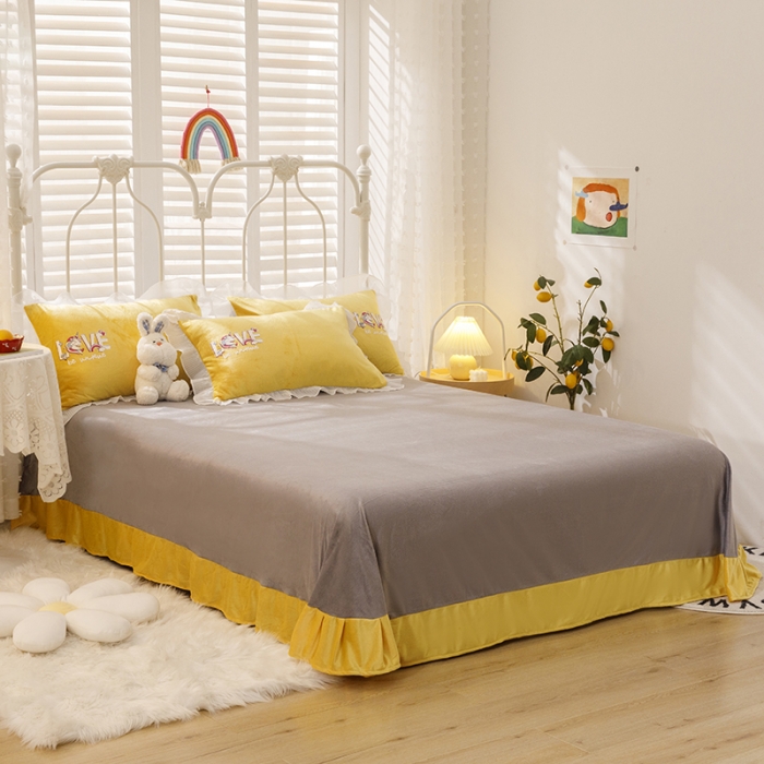 91家纺网 家纺一手货源 找家纺 纽缦 新款韩版水晶绒床单四件套法莱水晶牛奶 独角兽姜黄灰