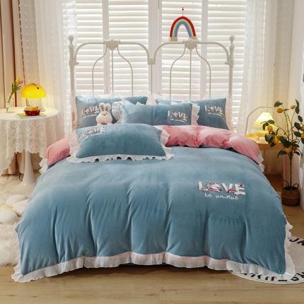 纽缦 新款韩版水晶绒床单四件套法莱水晶牛奶 独角兽蓝灰粉