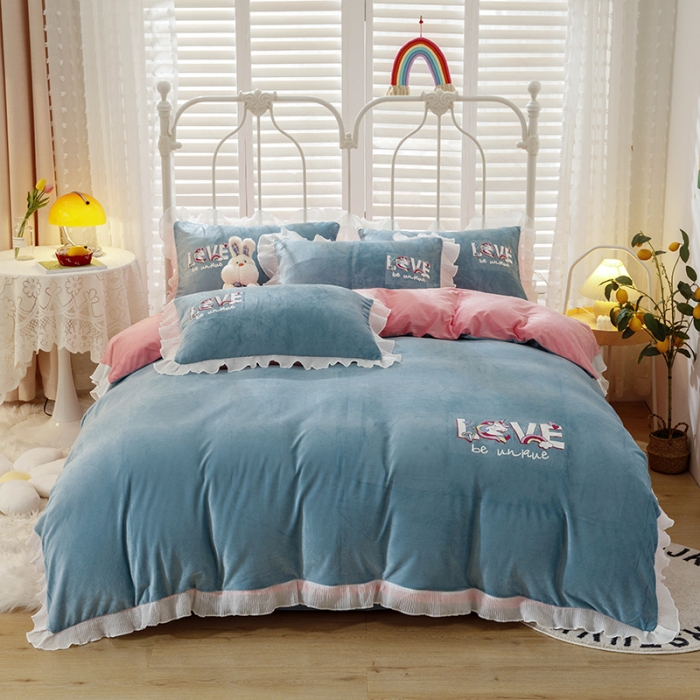 91家纺网 家纺一手货源 找家纺 纽缦 新款韩版水晶绒床单四件套法莱水晶牛奶 独角兽蓝灰粉