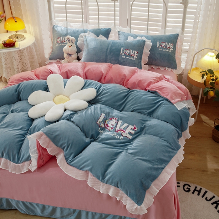 91家纺网 家纺一手货源 找家纺 纽缦 新款韩版水晶绒床单四件套法莱水晶牛奶 独角兽蓝灰粉