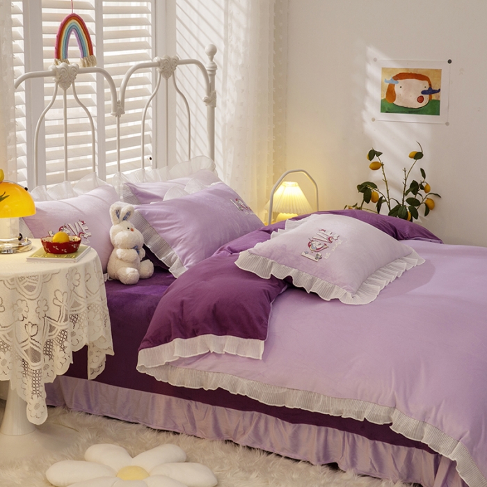 91家纺网 家纺一手货源 找家纺 纽缦 新款韩版水晶绒床单四件套法莱水晶牛奶 独角兽深浅紫