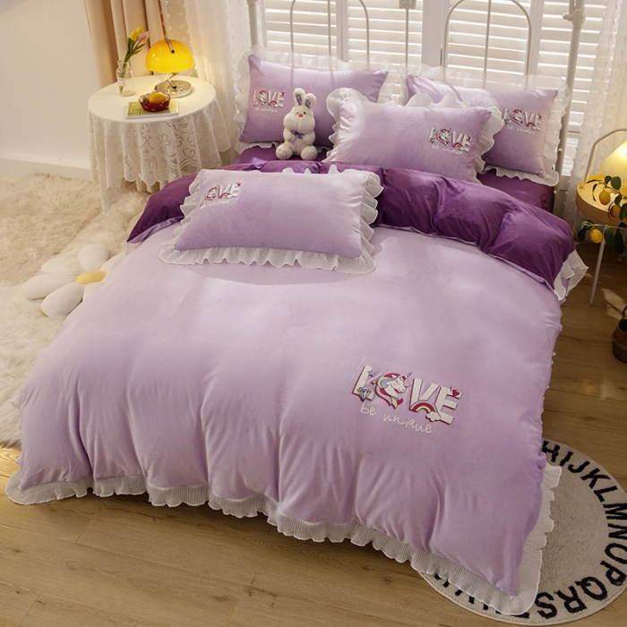 91家纺网 家纺一手货源 找家纺 纽缦 新款韩版水晶绒床单四件套法莱水晶牛奶 独角兽深浅紫