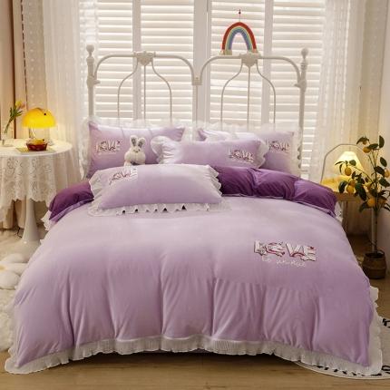 91家纺网 家纺一手货源 找家纺 纽缦 新款韩版水晶绒床单四件套法莱水晶牛奶 独角兽深浅紫