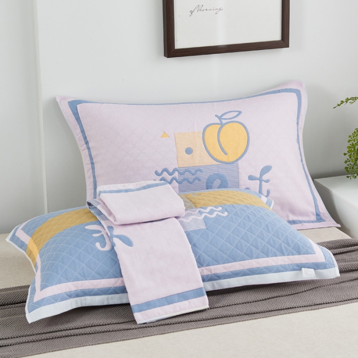 91家纺网 家纺一手货源 找家纺 朴尔家纺 新款彩色糖果系列纯棉三层纱布枕巾/对 水蜜桃粉