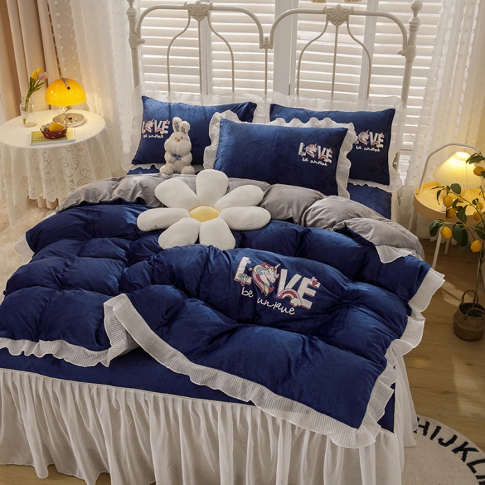 91家纺网 家纺一手货源 找家纺 纽缦 2021新款韩版水晶绒床裙四件套 独角兽-宝蓝灰