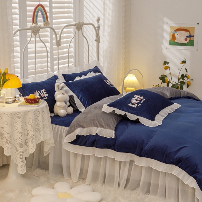 91家纺网 家纺一手货源 找家纺 纽缦 2021新款韩版水晶绒床裙四件套 独角兽-宝蓝灰