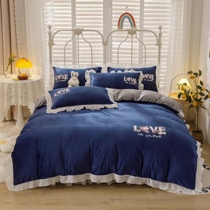 纽缦 2021新款韩版水晶绒床裙四件套 独角兽-宝蓝灰