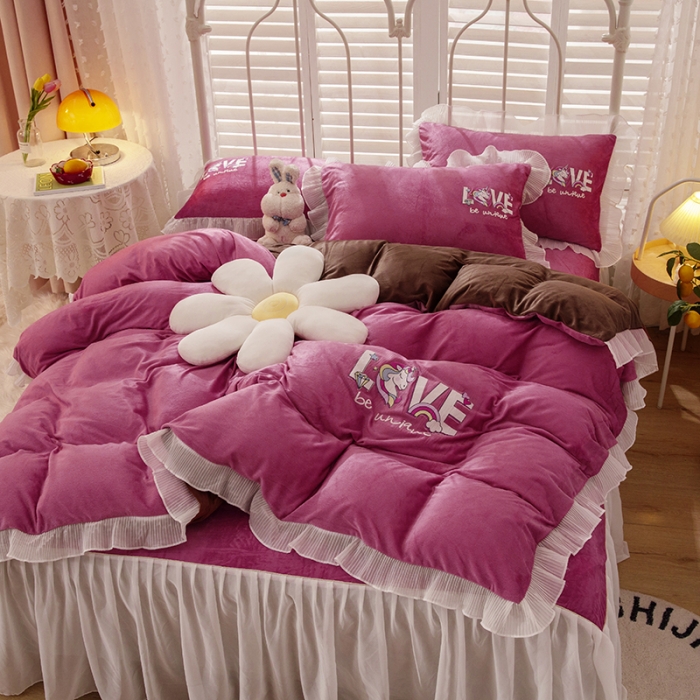 91家纺网 家纺一手货源 找家纺 纽缦 2021新款韩版水晶绒床裙四件套 独角兽-豆沙咖