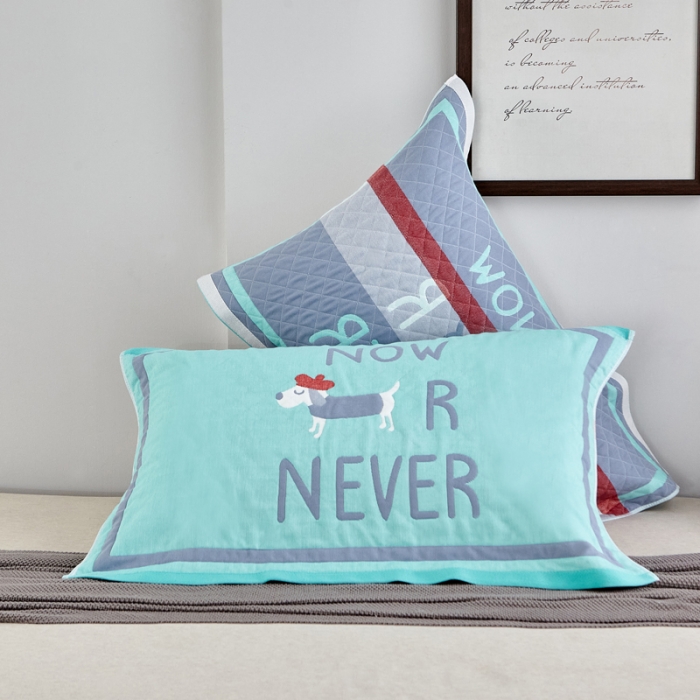 91家纺网 家纺一手货源 找家纺 朴尔家纺 新款彩色糖果系列纯棉三层纱布枕巾/对 调皮狗绿