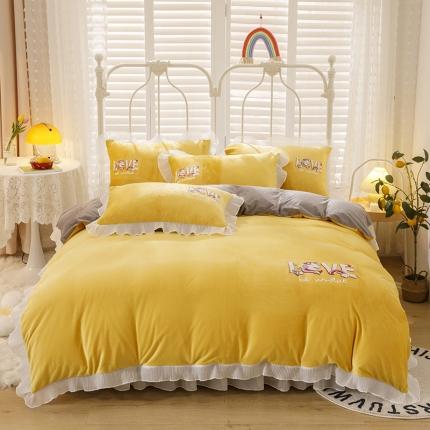 91家纺网 家纺一手货源 找家纺 纽缦 2021新款韩版水晶绒床裙四件套 独角兽-姜黄灰