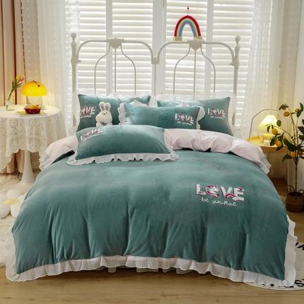 91家纺网 家纺一手货源 找家纺 纽缦 2021新款韩版水晶绒床裙四件套 独角兽-浅绿粉