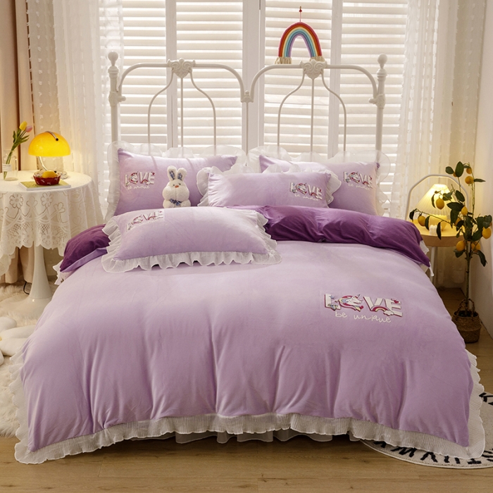 91家纺网 家纺一手货源 找家纺 纽缦 2021新款韩版水晶绒床裙四件套 独角兽-深浅紫