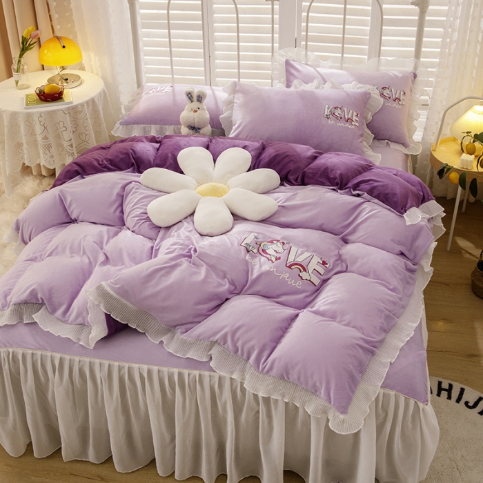 91家纺网 家纺一手货源 找家纺 纽缦 2021新款韩版水晶绒床裙四件套 独角兽-深浅紫