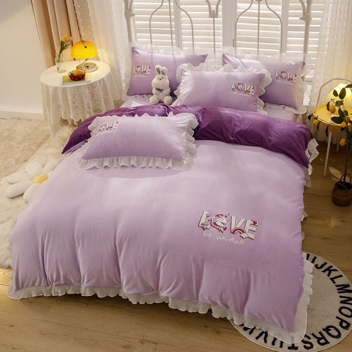 91家纺网 家纺一手货源 找家纺 纽缦 2021新款韩版水晶绒床裙四件套 独角兽-深浅紫