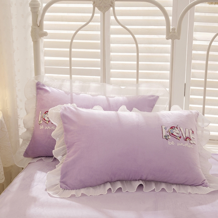 91家纺网 家纺一手货源 找家纺 纽缦 2021新款韩版水晶绒床裙四件套 独角兽-深浅紫