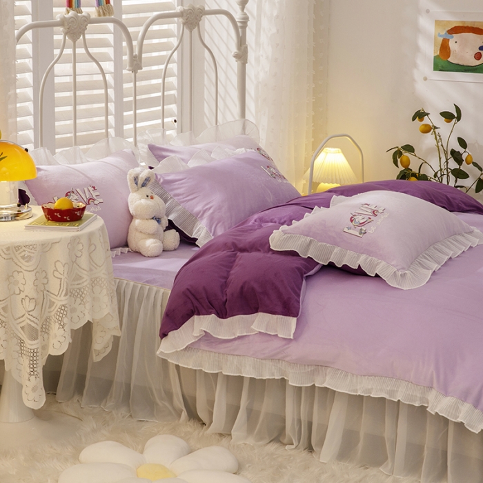 91家纺网 家纺一手货源 找家纺 纽缦 2021新款韩版水晶绒床裙四件套 独角兽-深浅紫