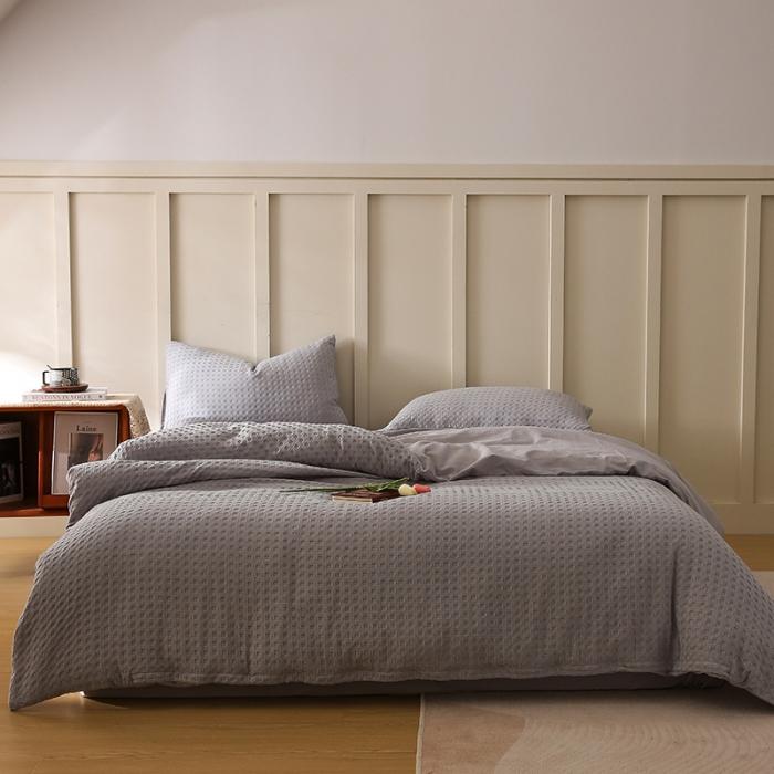 91家纺网 家纺一手货源 找家纺 日式无印风高端纯棉华夫格水洗棉全棉有质检简约四件套